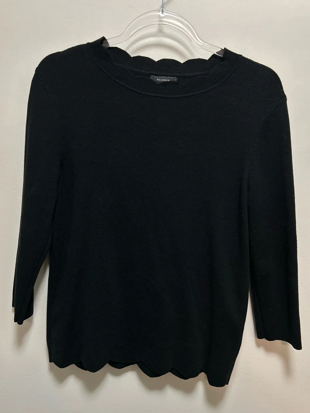 Halogen Chic Black Scallop Edge Sweater Medium Petite Minimalist Cotton Blend